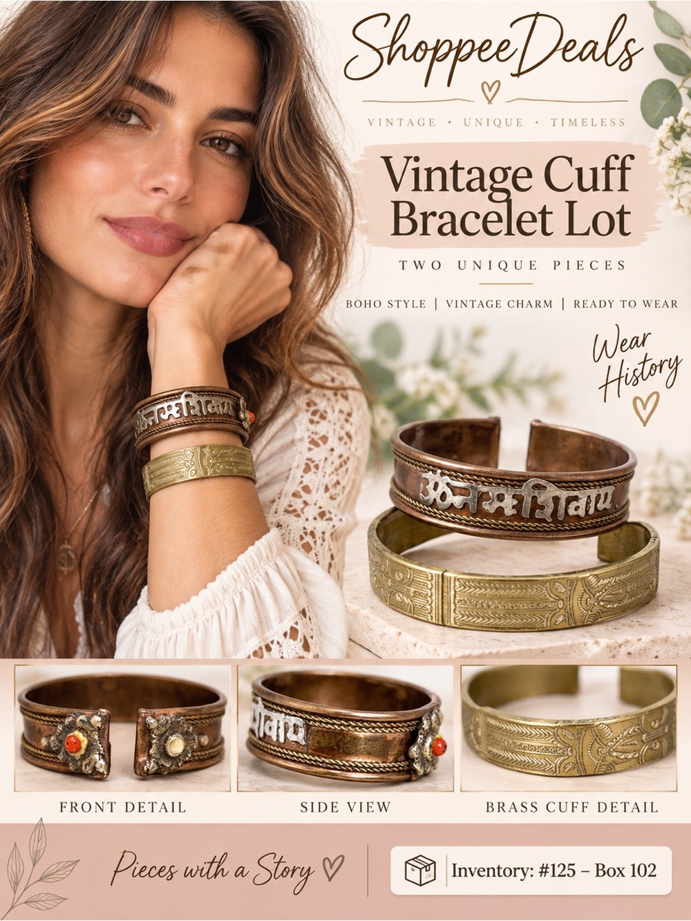 Vintage Brass Copper Silver Mantra Cuff + Carved Brass Cuff Bracelet Lot Boho